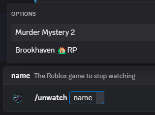 Unwatch command with autocomplete showing tracked games
