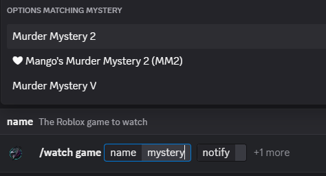 HawkWatch command autocomplete showing game suggestions
